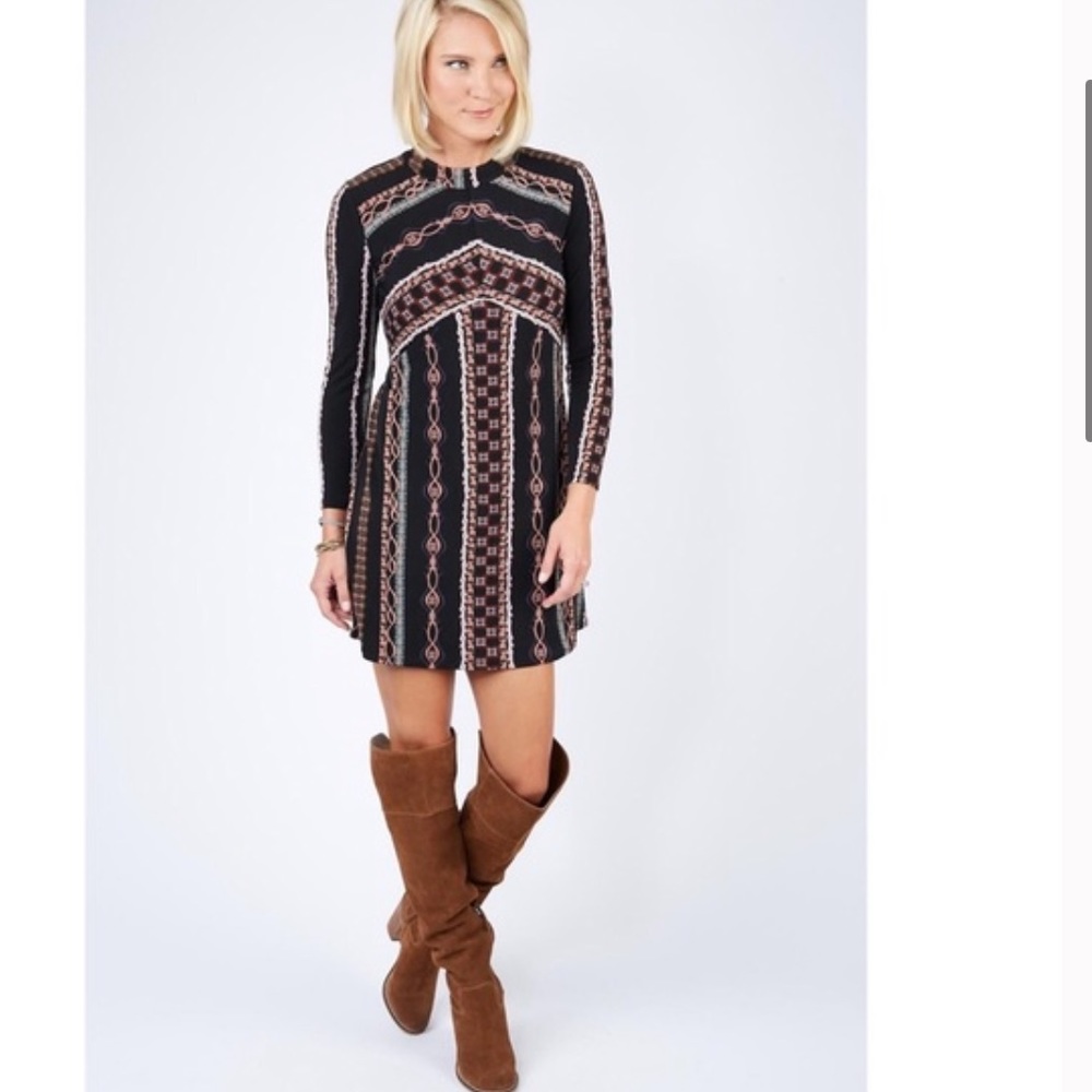 Free People Black Mini Dress with Pink Geometric Print